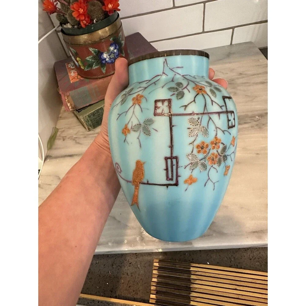 Gorgeous Antique Cased Satin Blue Glass Vase Raised Art Deco Bird Flowers
